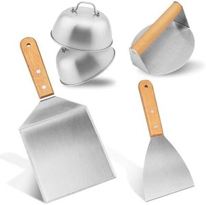 5 Pezzi Spatola per Bistecca, spatola per griglia, smascheratore di hamburger, girarrosto con coperchio per hamburger, spatola con manici in legno per pressa per hamburger, teppanyaki, barbecue