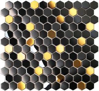 Blujellyfish Black and Gold Backsplash Wall Tiles Hexagon Mosaic Shower Floor Tile Kitchen Bathroom Tile (Box of 5 Sheets)