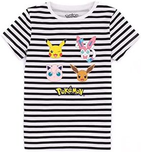 Pokemon T-Shirt Girls Striped Pikachu Eevee Sylveon Character Top 9-10 Years White