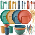 48PCS Wheat Straw Dinnerware Sets for 4, Reusable Unbreakable Dinnerware Set for Kids Adults, Microwave Safe, Lightweight Camping Plates Cups and Bowls Set for Dorm Picnic Rv Dishes