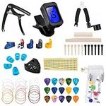 Olycism Guitar Accessories Kit 63 PCS Guitar Beginner Tools Including Guitar Strings Bridge Pins Scale Fretboard Sticker Guitar Picks Bridge Saddle and Nut Tuner Capo 3 in 1 String Winder Finger Picks