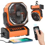 Camping Fan with LED Lantern and Remote,20000mAh Rechargeable Battery Operated Oscillating Tent Fan,270° Pivot, Timer, Hook, 4 Speed USB Fan for Tent Camping, Fishing,Hurricane(Orange)