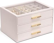 Vlando Jewelry Box for Women, Glass Lid Jewelry Organizer with 3 Drawers for Necklaces Rings Earrings Bracelets - Pink