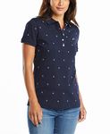 Nautica Women's Classic Fit Striped V-Neck Collar Stretch Cotton Polo Shirt, Navy, Medium