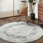 TOPICK Round Rug 180cm Machine Washable Area Rug Indoor Vintage Rug Floor Cover Print Distressed Grey Multi Carpet Thin Circle Non Slip Rug Kitchen Living Room Bedroom Dining Room Hall