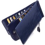 Huztencor Women's Credit Card Holder RFID Blocking Oil Wax Leather Multi Card Organizer Wallet Slim Long Zipper Bi-fold Business Card Case Clutch Wallet with ID Window Blue (FBA)