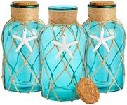 3 Pack Blue Glass Vase with Cork Lid, Rope and Starfish Accent, Beach Home Decor (4 x 8 in)