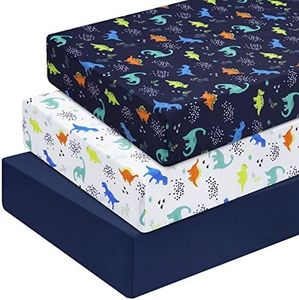 PHF 3 Pack Soft Dinosaur Crib Sheets Fitted, Comfy Breathable Baby Sheets for Boys Girls, 28x52 Inches Fits Standard Crib and Toddler Mattresses, Navy Dinosaur