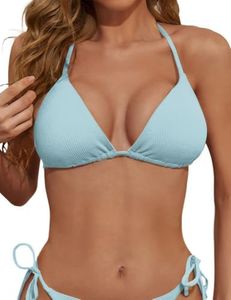 Zuvebamyo Women's Triangle Bikini Top Ribbed Push up Padded Halter String Bathing Suits Top Babyblue L