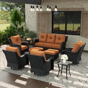 Aeeiua 9 Piece Patio Furniture Set, All-Weather Wicker Outdoor Conversation Set with Swivel Rocking Chair and 6 Inch Thick Cushions