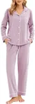 LUBOT 100% Cotton Pajamas for Women 2PC PJ Set Long Sleeve Soft Button-Down Shirt Two-piece Warm Sleepwear Loungewear Night Suit (Lavender, 2XL)