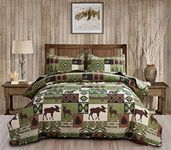 Rustic Lodge Quilt Set Moose Elk Bedspread King Size Forest Bear Deer Quilt Matcha Green Reversible Festive Cabin Coverlets Farmhouse Decor Bed Cover Sets with 2 Pillow Shams