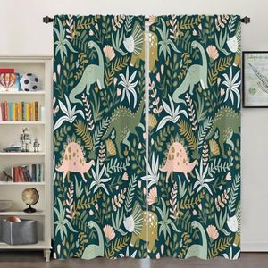 Miyotaa Kids Dinosaur Window Curtains 2 Panels 52W x 84H Rod Pocket Cute Dino Carton Funny Dark Green Animal Boys Tropical Nursery Polyester Window Drapery Treatment for Bedroom Living Room