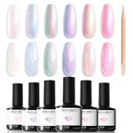 Modelones Pearl Gel Nail Polish, 6 Colors Aurora Iridescent Shimmer White Pink Purple Mermaid Nail Drawing Gel Polish Soak Off UV Gel Led Spring Gel Polish Swirl Shell Thread Effect DIY Manicure Gifts