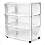 HOMZ Plastic 3 Drawer Wide Cart, White Frame, Clear Drawers, 4 Casters Included, Set of 1