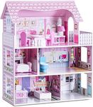 HONEY JOY Dollhouse with 8Pcs Furniture, 3-Level Large Wooden Dream Doll House for Girls, Pretend Play Kids Doll’s House w/3 Floors & 5 Rooms, Princess Mini Toy House Furniture Playset, Pink