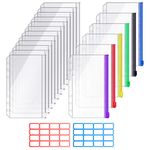 18 Pcs Budget Binder Pockets, A6 Cash Envelopes 6 Holes PVC Zipper Folders Zipper Loose Leaf Bags with Label Stickers for Cash, Money, Cards, Bill, Photos (12 Pcs Transparent + 6 Pcs Multicolor)