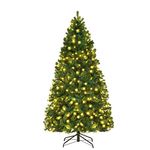 Goplus 7FT Pre-Lit Artificial Christmas Tree Premium Spruce Hinged Xmas Tree with 300 LED Lights & Metal Stand for Indoor Use