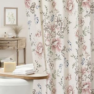 Craidlela Farmhouse Floral Shower Curtain, Extra Long Spring Linen Shower Curtains, Vintage Cottagecore Shower Curtain for Bathroom, Tan Taupe, 72x84