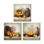 Fruits Stretched Canvas Wall Art for Kitchen Dining Room, Oranges in Basket Pears in Bowl Retro Vintage Picture Print Painting Decor Artwork, Gallery Wrapped Gift, Inner Frame (12x12 Inches x3p)