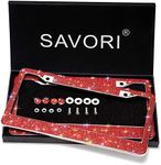 SAVORI License Plate Frame, Luxury Handcrafted Bling White Rhinestone Crystal Car License Plate Frame with 4 Anti- Theft Screw Caps Red