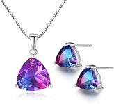 Gdirection 925 Sterling Silver Simulated Rainbow Topaz Pendant Necklace and Earrings for Women, Triangle Trilliant Cut Nano Blue Purple Gemstone Solitaire Costume Jewelry Set with Gift Box, nano