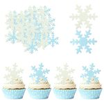 Gyufise 50Pcs White Blue Edible Cupcake Toppers Snowflakes Cake Decoration for Christmas Winter Frozen Birthday Party Supplies