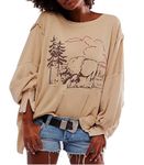 WangsCanis Women Oversized Graphic Sweatshirt Y2k Long Sleeve Drop Shoulder Crewneck Shirt Top Vintage Star Pullover Hoodies (Apricot, XL)