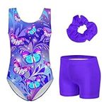 ACOCOPY Girls Gymnastics Outfits Purple Butterfly Print Gym Leotards One-piece Tumbling Dance Unitards with Shorts Size 4-5