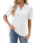 Sold by Only Products Womens Summer Tops Puff Sleeve Eyelet Blouses 2024 Casual V Neck Dressy Shirts Solid Trendy Vacation Tunic T-Shirt Warehouse Outlet Store