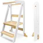 Foldable Learning Tower, Kitchen Stool for Kids with Non-Slip Design,Wooden Toddler Standing Towers with 3 Adjustable Heights & Safety Rails,Montessori Step Stool for Kitchen Counter Bathroom (White)