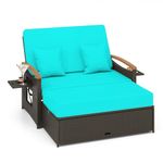 HAPPYGRILL Outdoor Wicker Sofa Daybed, Rattan Loveseat with Folding Panels & Storage Ottoman, 4-Level Adjustable Backrest, Cozy Cushions Included, Sun Lounger Daybed for Backyard Porch, (Turquoise)