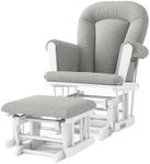 Child Craft Cozy Glider Rocker and Ottoman Set, Padded Cushion with Convenient Storage Pockets, Solid Wood Base & Frame (Matte White with Gray Cushion)