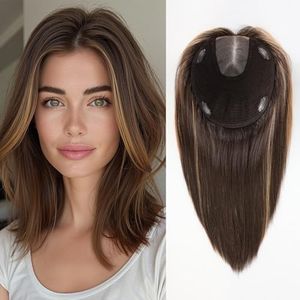 starluck Human Hair Topper 7"x8" Large Swiss MONO Base SilkHug 14 Inch, 90g, 100% Remy Real Human Hair Toppers for Women with thinning (Dark Brown with Highlights 26-5#, no Bangs)