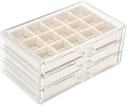 FEISCON Acrylic Jewelry Organizer Makeup Cosmetic Storage Organizer Box Clear Jewelry Case with 3 Drawers Adjustable Jewelry Box Velvet Trays Grid Size