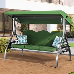 ZZW 3 Seat Outdoor Porch Patio Swing with Stand 800lbs 2-in-1 Convertible Swing Bed with Adjustable Canopy & Removable Cushion for Yard Garden Deck (Green, Square Tube)