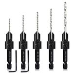 5-pc Woodworking Countersink Counterbore Drill Bit Set 3in1 for #6 8 10 12 16 Screws, M2 Pilot Drill Bits Adjustable Depth, 82-Degree Chamfer with Stop, 1/4” Hex Shank, Includes 2 Allen Wrenches