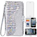 Asuwish Phone Case for iPhone 5S 5 SE 2016 5SE Wallet Cover with Screen Protector and Flip Card Holder Bling Glitter Cell iPhone5 iPhone5s iPhoneSE iPhone6se i 6SE iPhone5se Women Girls Silver