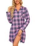 ENJOYNIGHT Womens Cotton Nightgowns Flannel Nightshirt Button Sleep Shirt Long Sleeve Pajamas Dress Sleepwear Sleepwear(Large, PU) Purple