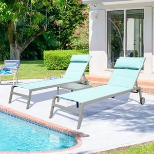 Domi Patio Chaise Lounge Set of 3, Outdoor Lounge Chair, Aluminum Textilene Padded 5 Position Pool Lounger, Stackable Lounge Chair w/Headrest, Wheels, Side Table, for Beach Backyard Lawn, Turquoise