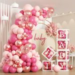 172pcs Hot Pink Baby Shower Decorations Boxes,6pcs Transparent Balloon Boxes with 110pcs Rose Pink Balloons,Baby Shower Balloon Boxes Block with 54 Letters for Baby Shower,Birthday Party Decor,Wedding