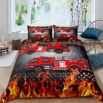 Red Firetruck Duvet Cover Set Single,Red Flame and Firemen Comforter Cover for Kids Boys Gift,Construction Truck Bedding Set with 1 Pillowcase Bedspread