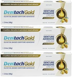 Denttach Gold Denture Adhesive, Petroleum Free Olive Oil Based Premium Denture Adhesive Cream for Full and Partial Dentures, All Day Secure Hold Denture Glue, Zinc Free, 2.4 Ounce (Pack of 3)