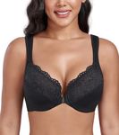 DotVol Women's Front Closure Wide Strap Underwire Bra Lace Plus Size U-Back Unlined Everyday Bra(Black,40DD)