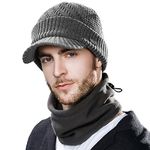 Winter Peaked Beanie Hat Men Wool Knitted Wooly Hats with Peak Visor Warm Golf Hats & Thermal Snood Fleece Neck Warmer for Ski Walking Grey L