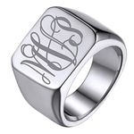 GoldChic Jewelry Personalized Stainless Steel Square Ring For Men, Large Chunky Vine Monograms Solid Font Rings Size 9