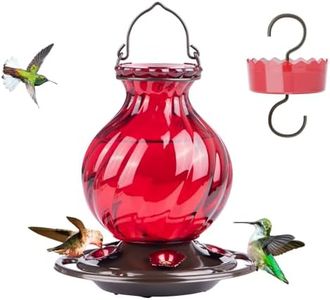 Hummingbird Feeder, Auslar 26 Ounces Glass Hummingbird Feeder, Red Hummingbird Feeders for Outdoors Hanging, 5 Flower Feeding Ports, Rustproof, Leakproof, Netted Flower Bud Shape Bottle