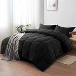 All Season Queen Comforter Set 3 PCs Ultra Soft Quilted Down Alternative Comforter+2 Pillow Shams with Corner Tabs,Fluffy & Breathable 2100 Series Reversible-Machine Washable(88 * 88,Black)