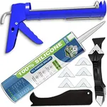 White Silicone Sealant + Caulk Gun + Caulking Tool Kit - All-Purpose 100% Silicone Caulk (10 oz Tube), with No-Drip Gun, 3-in-1 Scraper/Smoothing Tool, Multi-Use Handheld Finishing and Scraping Tool