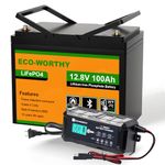 ECO-WORTHY 12V 100AH LiFePO4 Lithium Bluetooth Battery and 12V 10A Automatic Smart Battery Charger, Built-in BMS Low-Temp Protection, Up to 15000+ Deep Cycles, for RV, Trolling Motor, Solar System